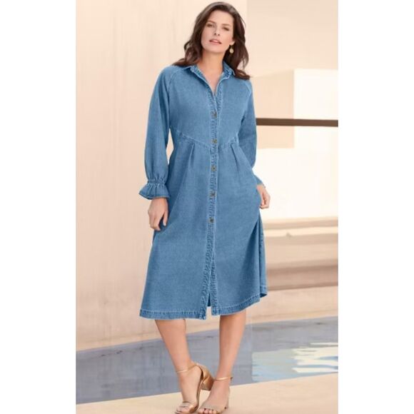 ROAMANS Blue Denim Plus Sz 18 Button Up Long Sleeve Dress Side Pockets NEW NWT - Picture 1 of 7